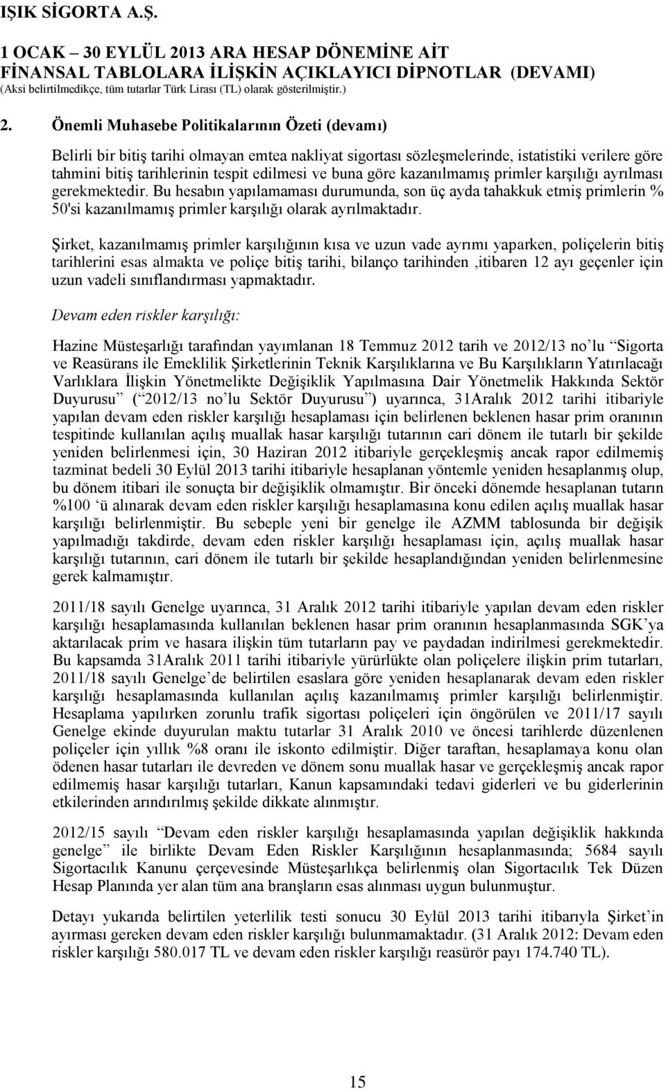 Şirket, kazanılmamış primler karşılığının kısa ve uzun vade ayrımı yaparken, poliçelerin bitiş tarihlerini esas almakta ve poliçe bitiş tarihi, bilanço tarihinden,itibaren 12 ayı geçenler için uzun