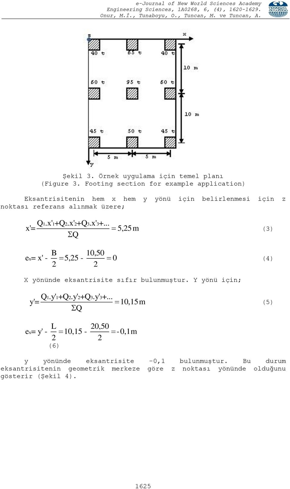 x' 1+Q 2.x' 2+Q 3.x' 3+... x'= 5,25m Q (3) B 10,50 (4) 2 2 e x= x' - 5,25-0 X yönünde eksantrisite sıfır bulunmuştur. Y yönü için; Q 1.