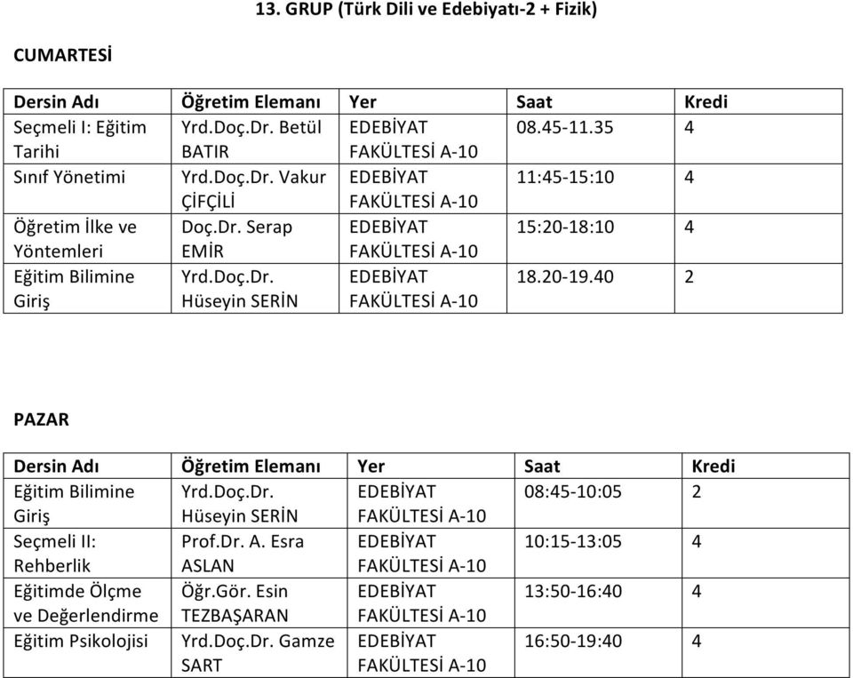 Serap 15:20-18:10 EMİR FAKÜLTESİ A- 10 Eğitim Bilimine Hüseyin SERİN FAKÜLTESİ A- 10 18.20-19.