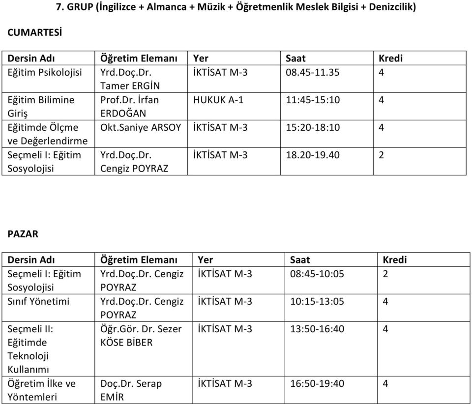 Saniye ARSOY İKTİSAT M- 3 15:20-18:10 Seçmeli I: Eğitim Sosyolojisi Cengiz POYRAZ İKTİSAT M- 3 18.20-19.