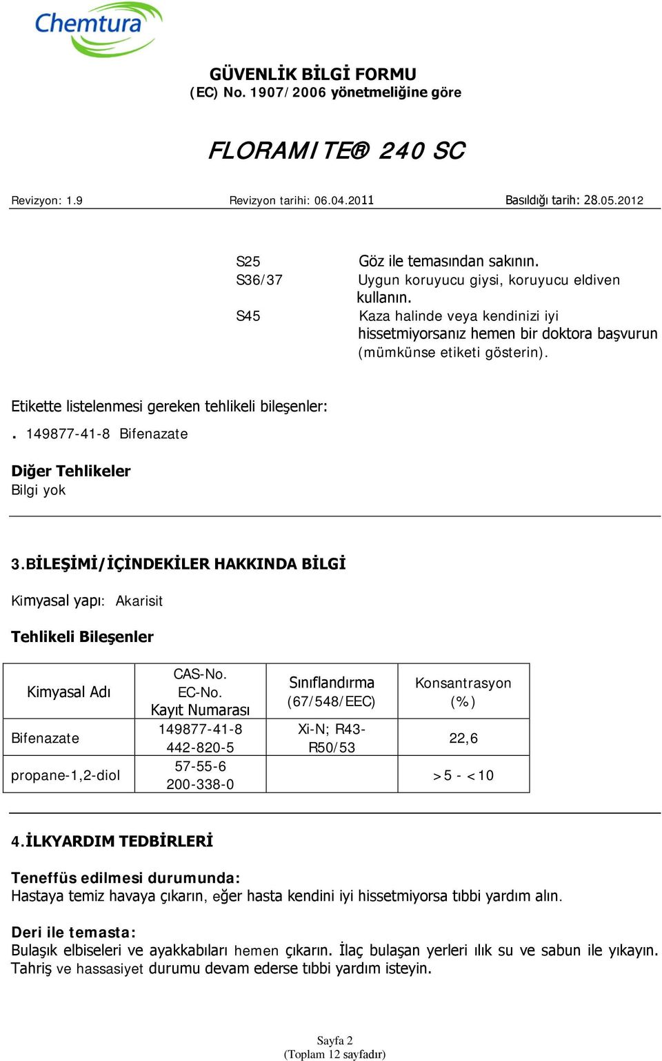 BİLEŞİMİ/İÇİNDEKİLER HAKKINDA BİLGİ Kimyasal yapı: Akarisit Tehlikeli Bileşenler Kimyasal Adı propane-1,2-diol CAS-No. EC-No.