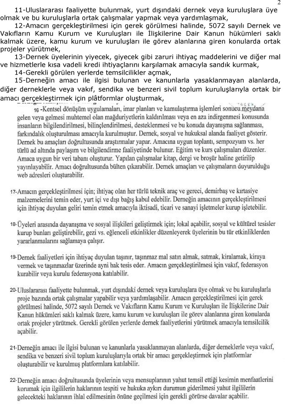 projeler yürütmek, 13-Dernek üyelerinin yiyecek, giyecek gibi zaruri ihtiyaç maddelerini ve diğer mal ve hizmetlerle kısa vadeli kredi ihtiyaçlarını karşılamak amacıyla sandık kurmak, 14-Gerekli