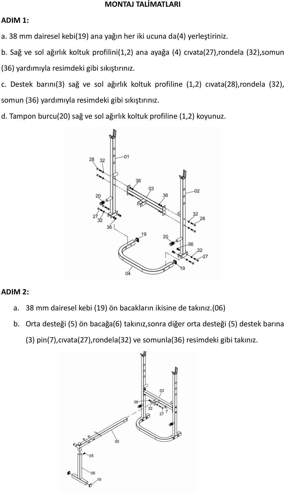 vata(27),rondela (32),somun (36) yardımıyla resimdeki gibi sıkıştırınız. c.