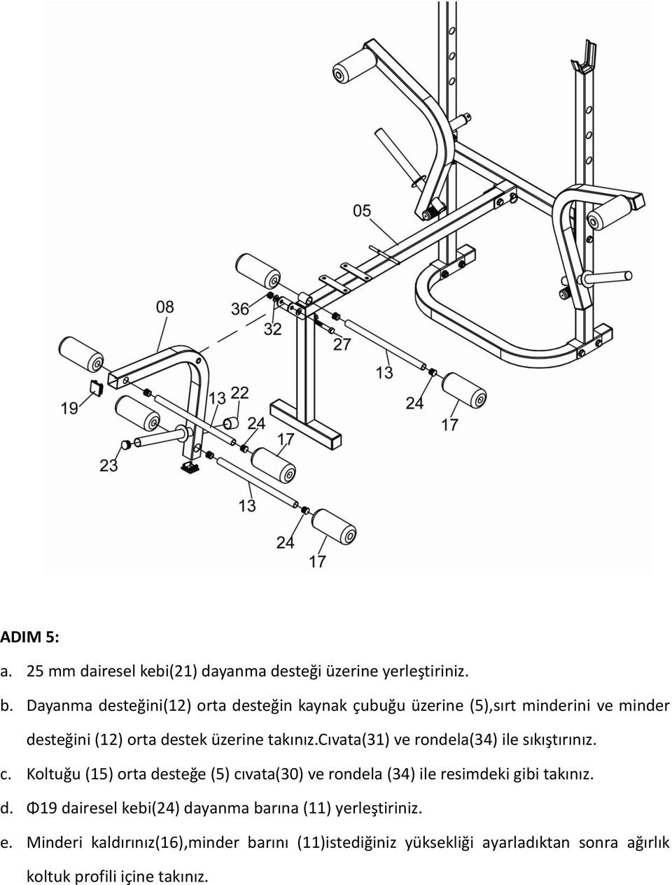cıvata(31) ve rondela(34) ile sıkıştırınız. c. Koltuğu (15) orta desteğe (5) cıvata(30) ve rondela (34) ile resimdeki gibi takınız.