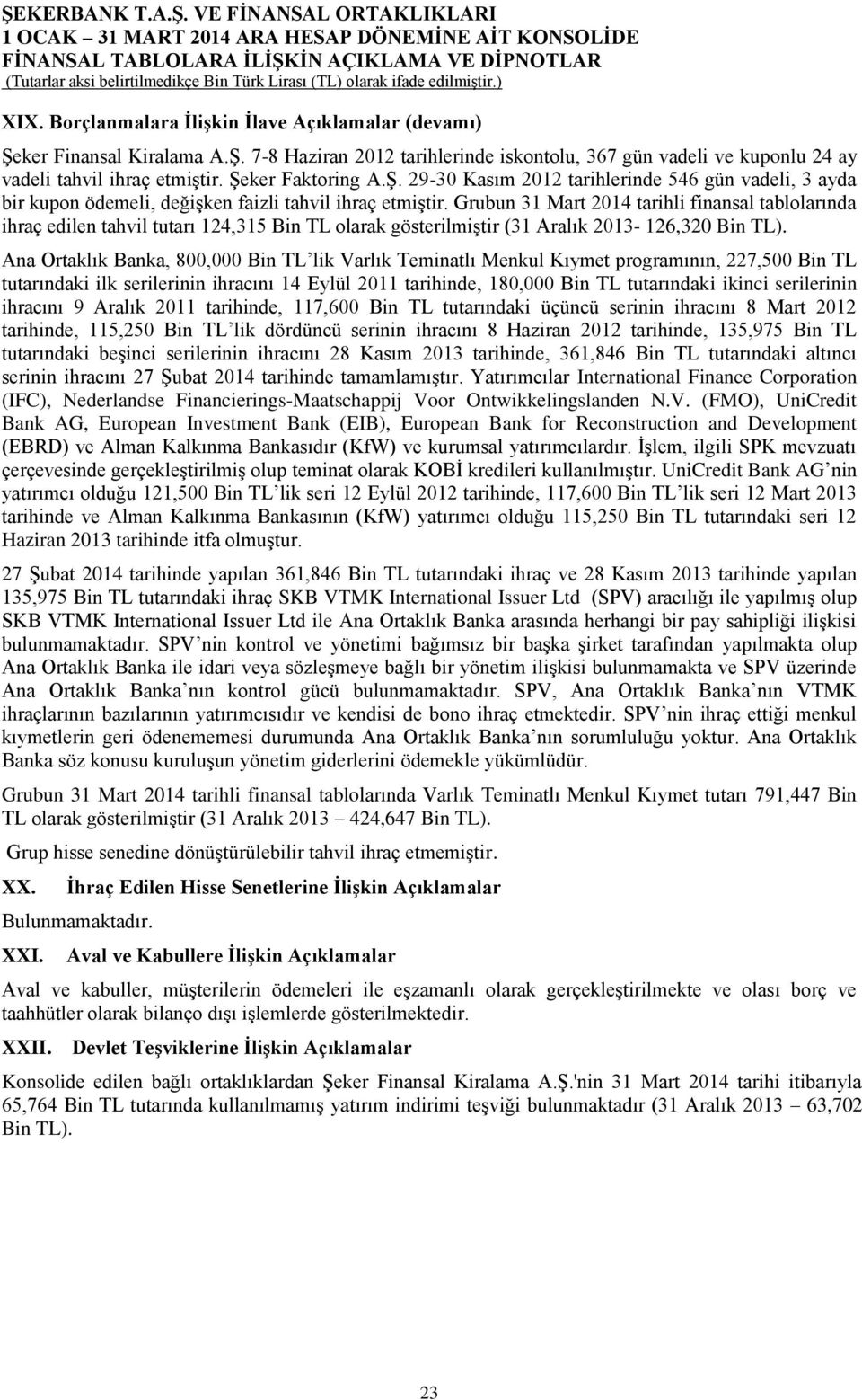 Grubun 31 Mart 2014 tarihli finansal tablolarında ihraç edilen tahvil tutarı 124,315 Bin TL olarak gösterilmiģtir (31 Aralık 2013-126,320 Bin TL).