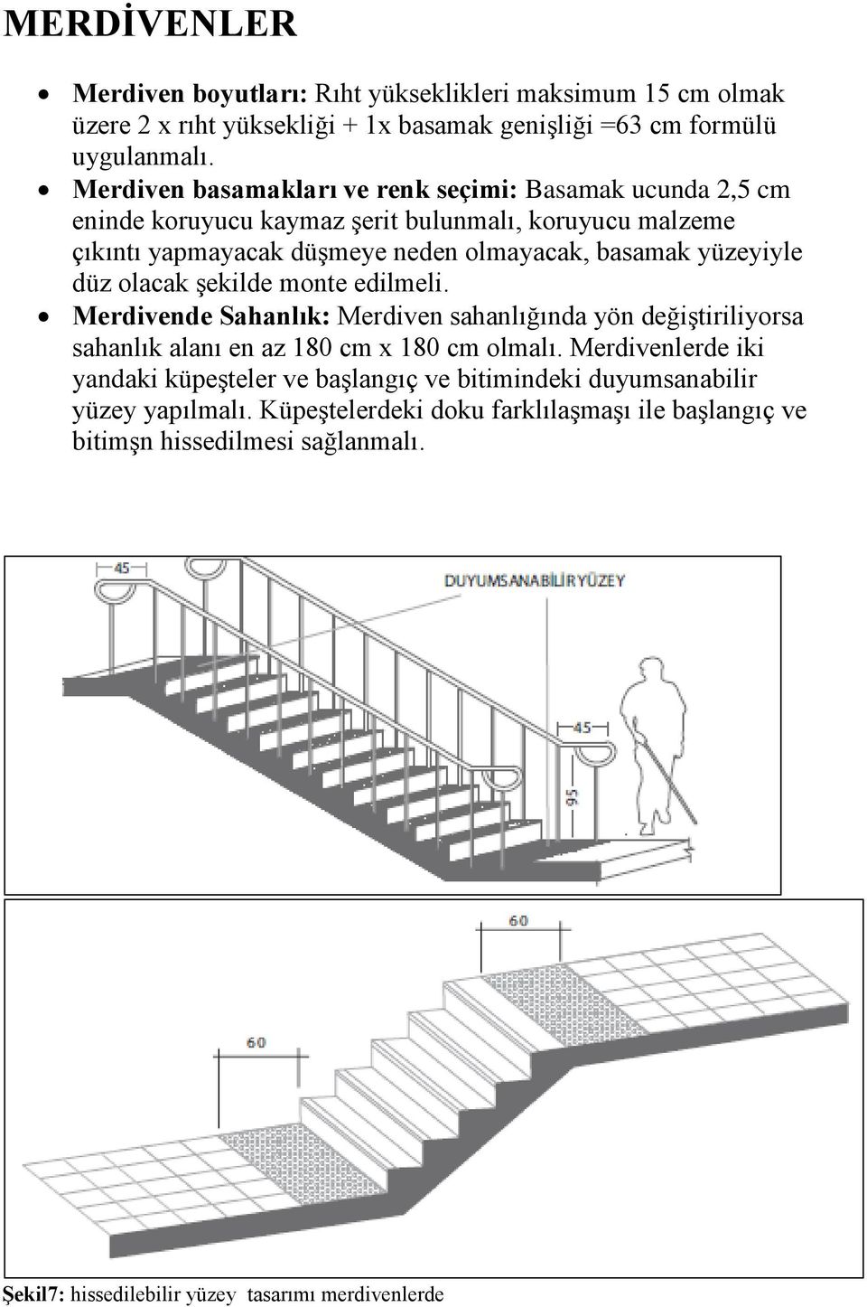 yüzeyiyle düz olacak şekilde monte edilmeli. Merdivende Sahanlık: Merdiven sahanlığında yön değiştiriliyorsa sahanlık alanı en az 180 cm x 180 cm olmalı.