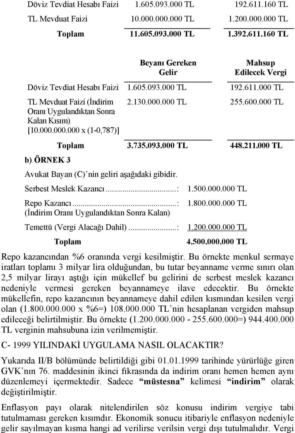 000 TL b) ÖRNEK 3 Avukat Bayan (C) nin geliri aşağıdaki gibidir. Serbest Meslek Kazancı...: 1.500.000.000 TL Repo Kazancı...: 1.800.000.000 TL (İndirim Oranı Uygulandıktan Sonra Kalan) Temettü (Vergi Alacağı Dahil).