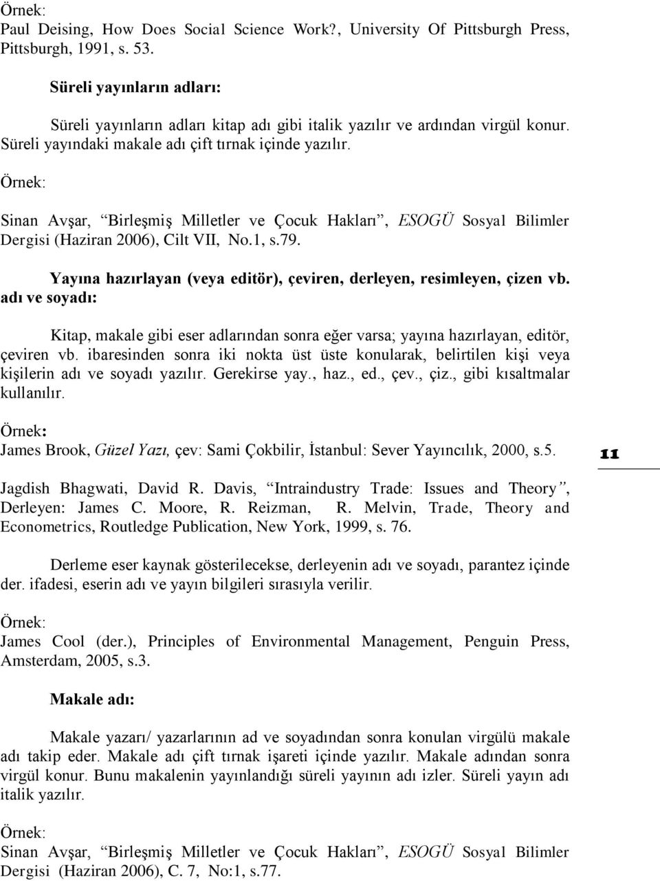 Örnek: Sinan Avşar, Birleşmiş Milletler ve Çocuk Hakları, ESOGÜ Sosyal Bilimler Dergisi (Haziran 2006), Cilt VII, No.1, s.79. Yayına hazırlayan (veya editör), çeviren, derleyen, resimleyen, çizen vb.