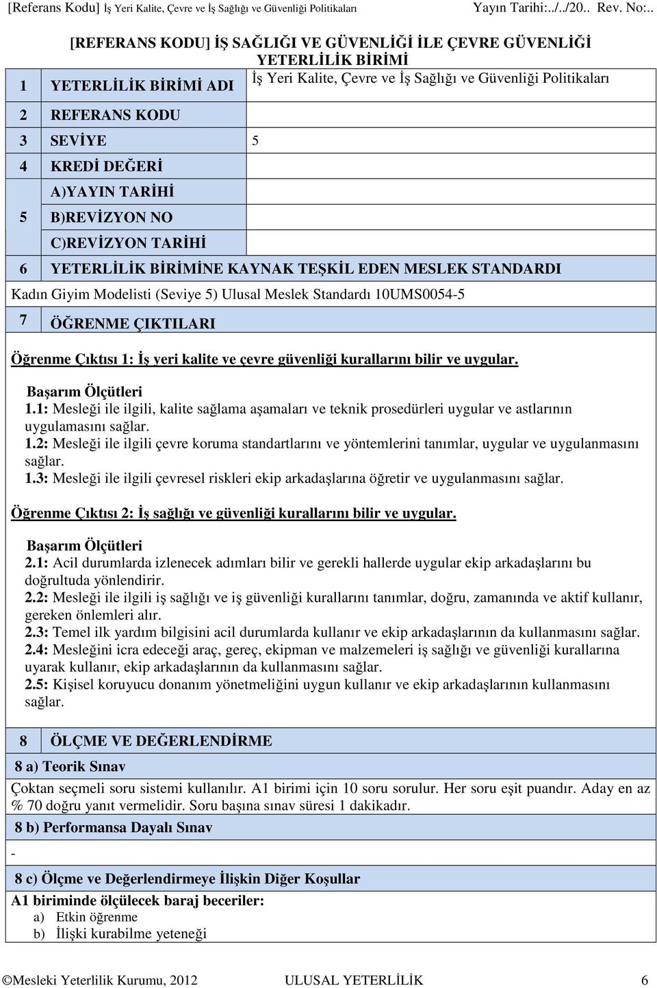 Kadın Giyim Modelisti (Seviye 5) Ulusal Meslek Standardı 10UMS0054-5 7 ÖĞRENME ÇIKTILARI Öğrenme Çıktısı 1: İş yeri kalite ve çevre güvenliği kurallarını bilir ve uygular. 1.1: Mesleği ile ilgili, kalite sağlama aşamaları ve teknik prosedürleri uygular ve astlarının uygulamasını sağlar.