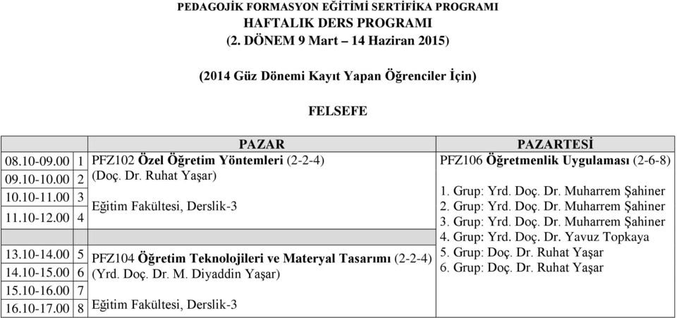 Doç. Dr. M. Diyaddin Yaşar) Eğitim Fakültesi, Derslik-3 PAZARTESİ PFZ106 Öğretmenlik Uygulaması (2-6-8) 1. Grup: Yrd.