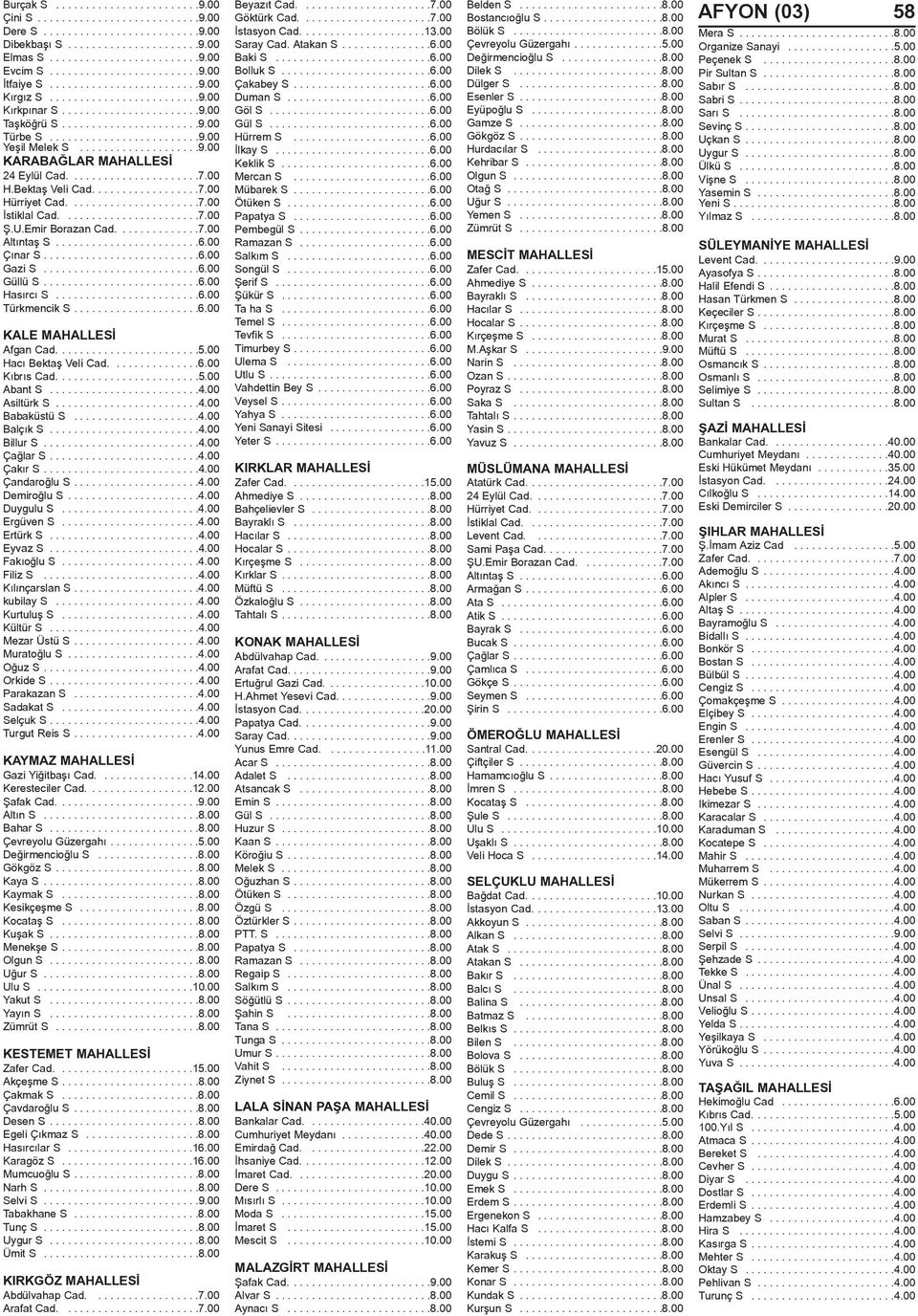 .....................7.00 H.Bektaþ Veli Cad..................7.00 Hürriyet Cad......................7.00 Ýstiklal Cad.......................7.00 Þ.U.Emir Borazan Cad..............7.00 Altýntaþ S........................6.