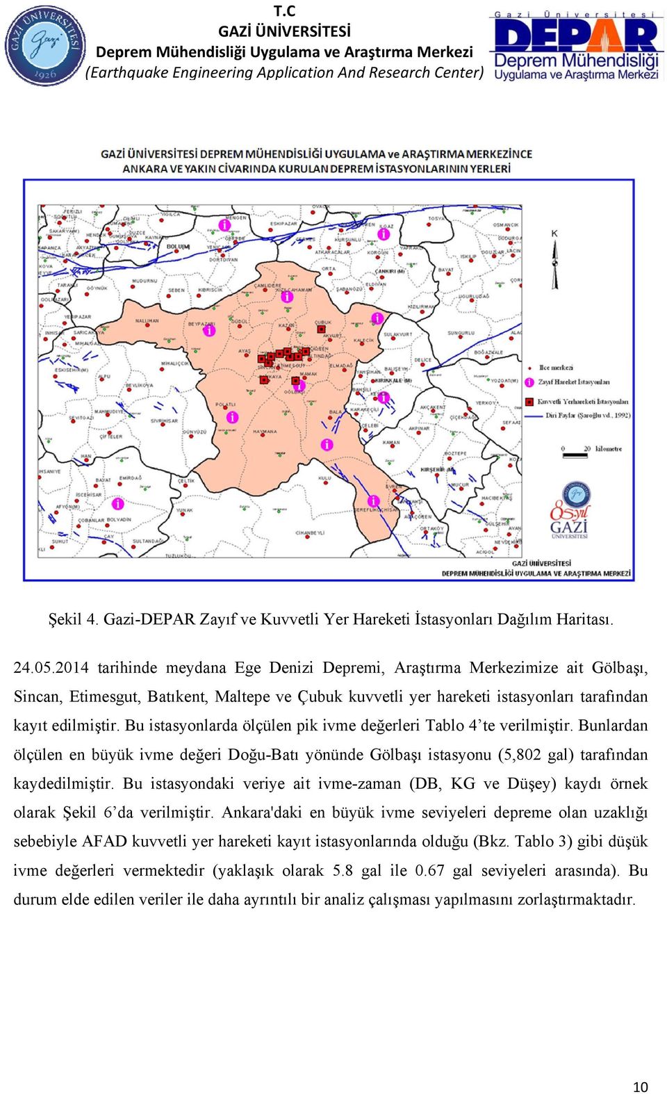 Bu istasyonlarda ölçülen pik ivme değerleri Tablo 4 te verilmiştir. Bunlardan ölçülen en büyük ivme değeri Doğu-Batı yönünde Gölbaşı istasyonu (5,802 gal) tarafından kaydedilmiştir.