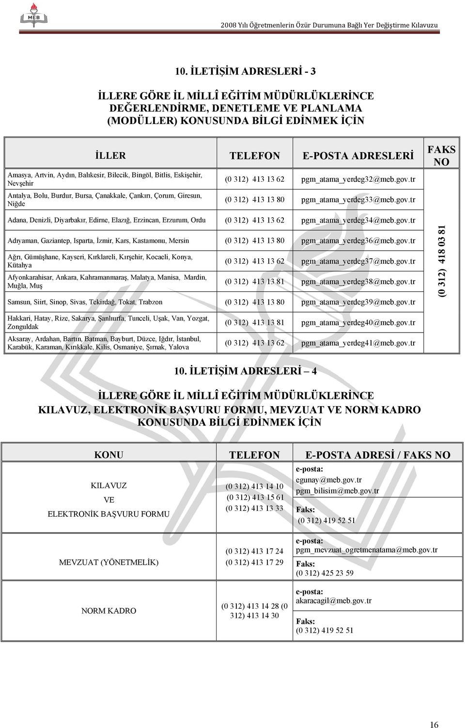 tr (0 312) 413 13 80 pgm_atama_yerdeg33@meb.gov.tr FAKS NO Adana, Denizli, Diyarbakır, Edirne, Elazığ, Erzincan, Erzurum, Ordu (0 312) 413 13 62 pgm_atama_yerdeg34@meb.gov.tr Adıyaman, Gaziantep, Isparta, İzmir, Kars, Kastamonu, Mersin (0 312) 413 13 80 pgm_atama_yerdeg36@meb.