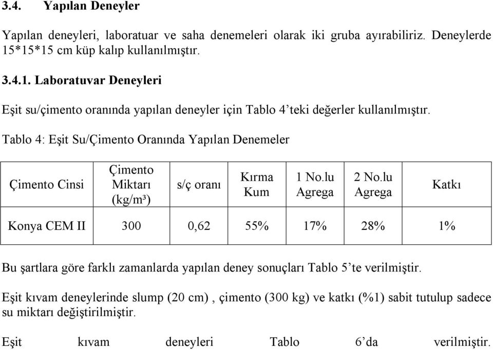 Tablo 4: Eşit Su/Çimento Oranında Yapılan Denemeler Çimento Cinsi Çimento Miktarı (kg/m³) s/ç oranı Kırma Kum 1 No.lu Agrega 2 No.