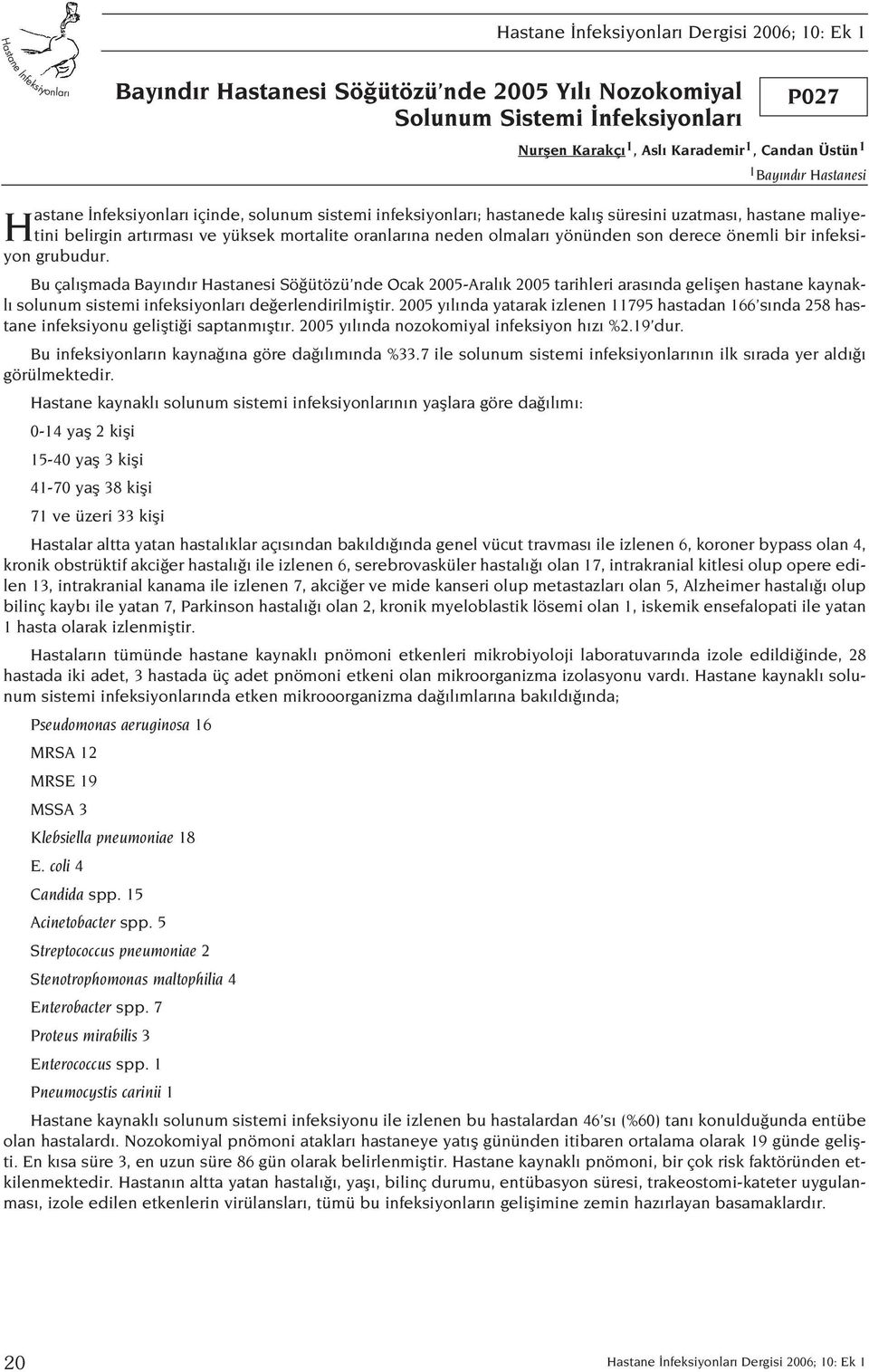 Bu çal flmada Bay nd r Hastanesi Sö ütözü nde Ocak 2005-Aral k 2005 tarihleri aras nda geliflen hastane kaynakl solunum sistemi infeksiyonlar de erlendirilmifltir.