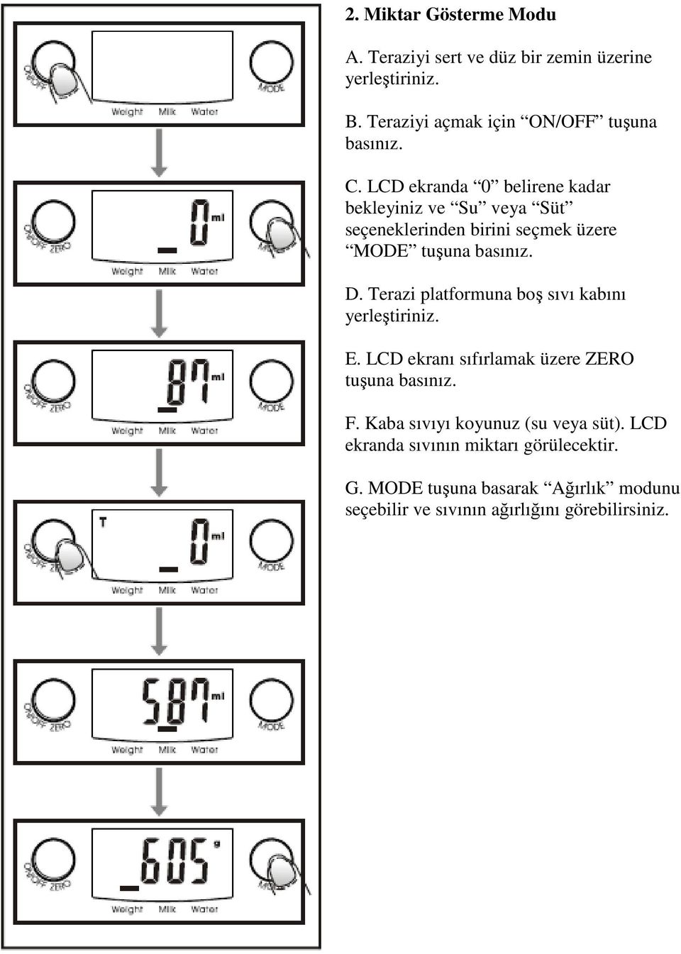 Terazi platformuna bo sıvı kabını yerle tiriniz. E. LCD ekranı sıfırlamak üzere ZERO tu una basınız. F.