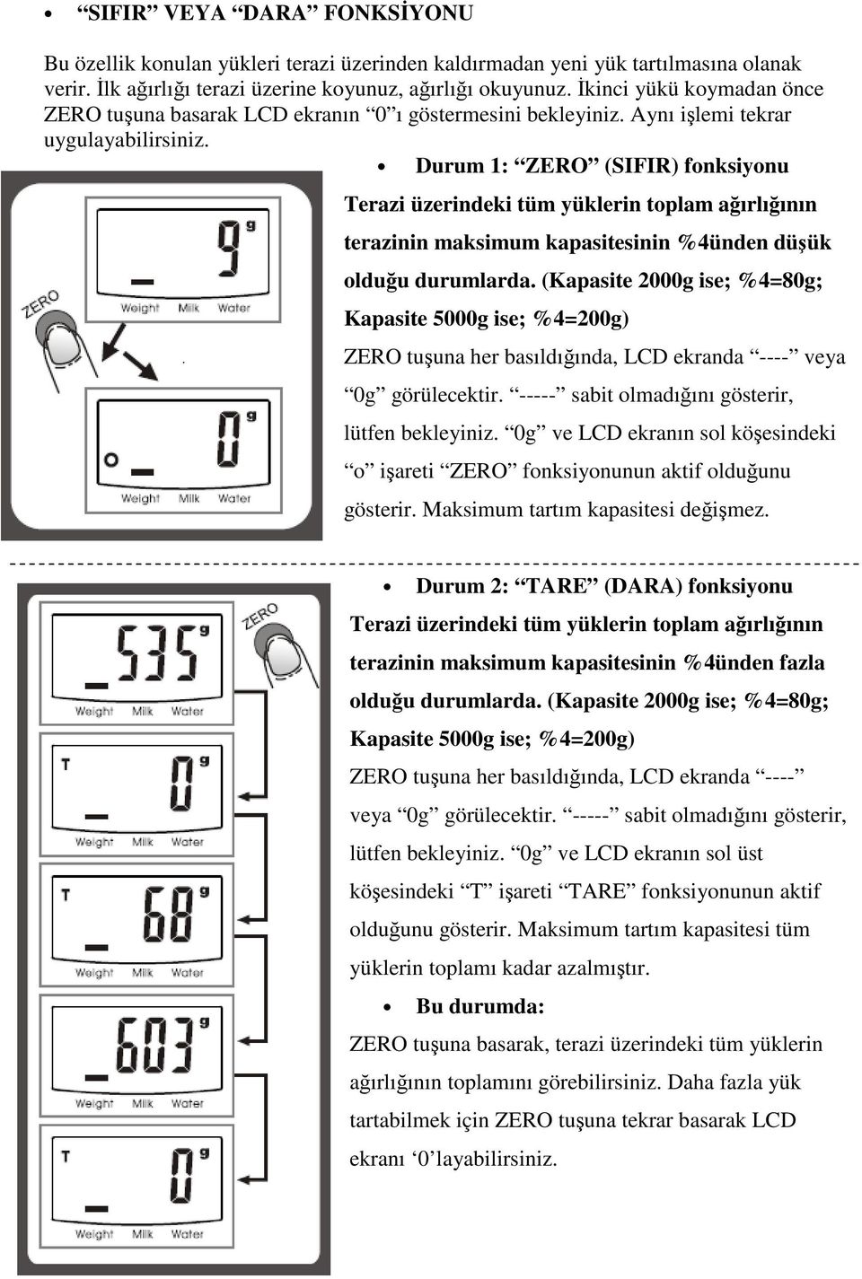 Durum 1: ZERO (SIFIR) fonksiyonu Terazi üzerindeki tüm yüklerin toplam a ırlı ının terazinin maksimum kapasitesinin %4ünden dü ük oldu u durumlarda.