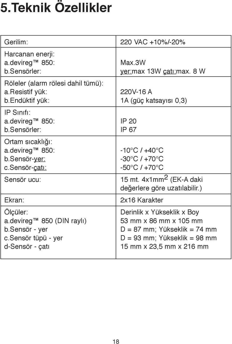 sensör-yer: -30 C / +70 C c.sensör-çatı: -50 C / +70 C Sensör ucu: 15 mt. 4x1mm 2 (EK-A daki değerlere göre uzatılabilir.