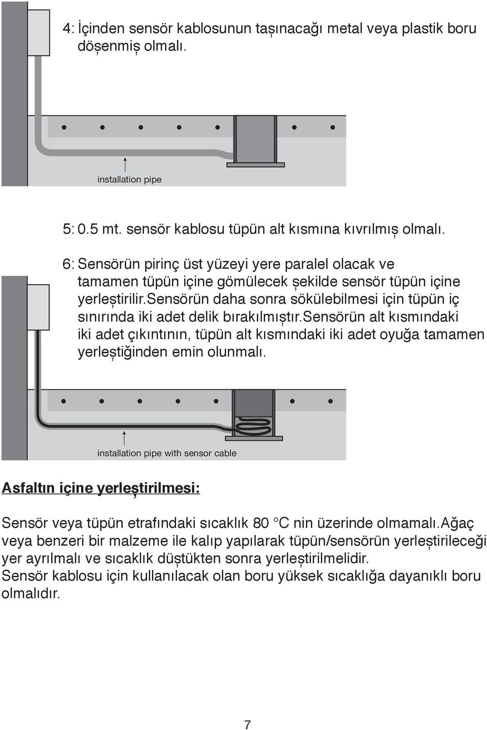 sensörün daha sonra sökülebilmesi için tüpün iç sınırında iki adet delik bırakılmıștır.