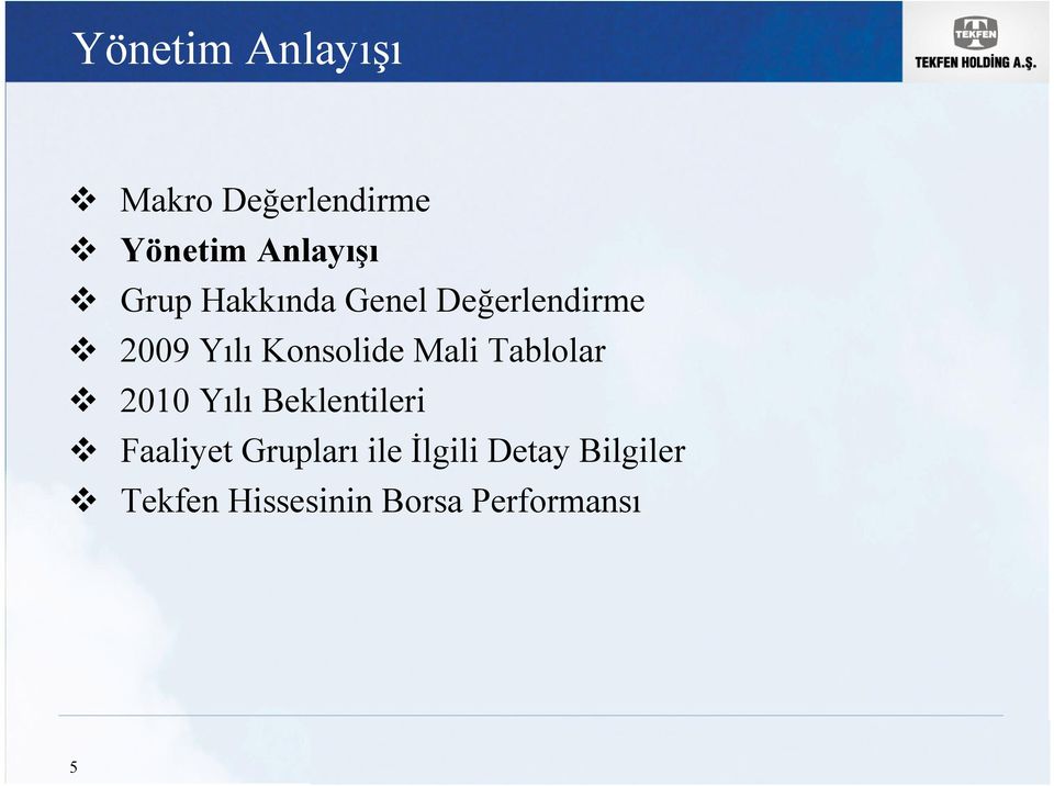 Mali Tablolar 2010 Yılı Beklentileri Faaliyet Grupları