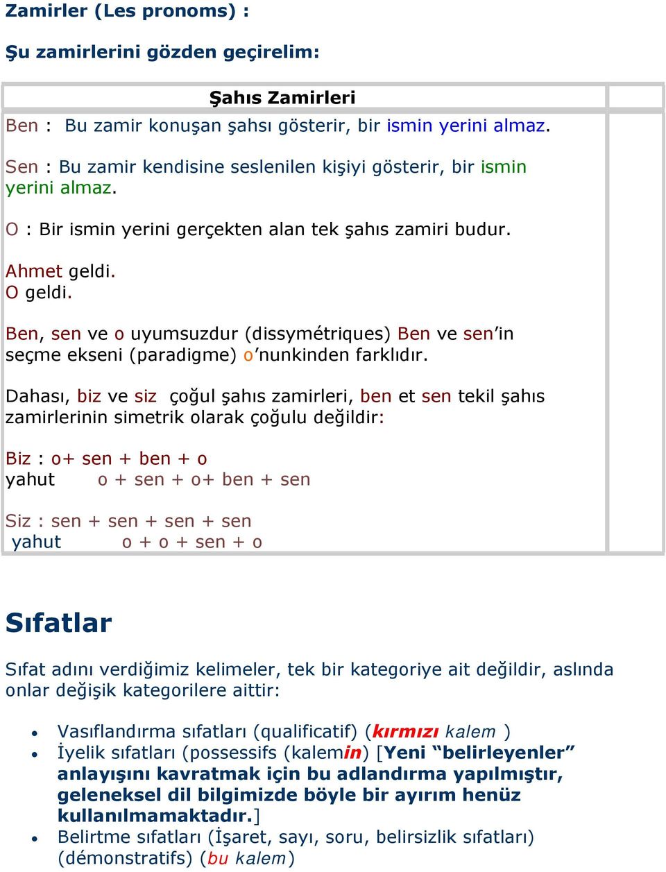 Ben, sen ve o uyumsuzdur (dissymétriques) Ben ve sen in seçme ekseni (paradigme) o nunkinden farklıdır.