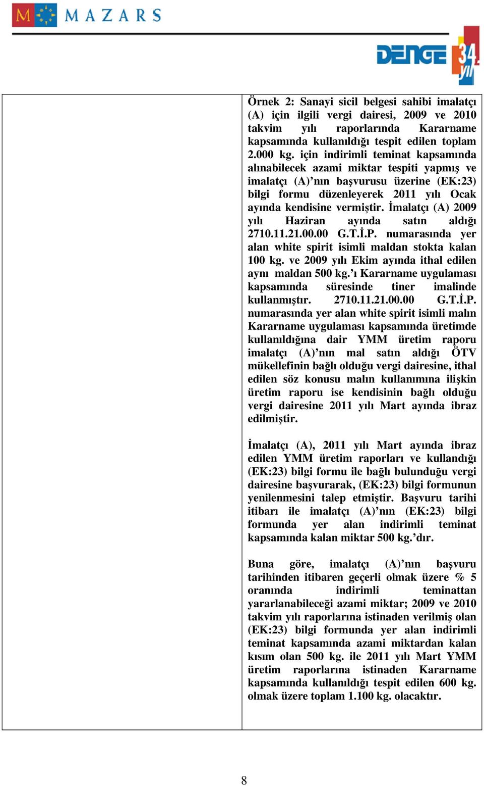 Đmalatçı (A) 2009 yılı Haziran ayında satın aldığı 2710.11.21.00.00 G.T.Đ.P. numarasında yer alan white spirit isimli maldan stokta kalan 100 kg.