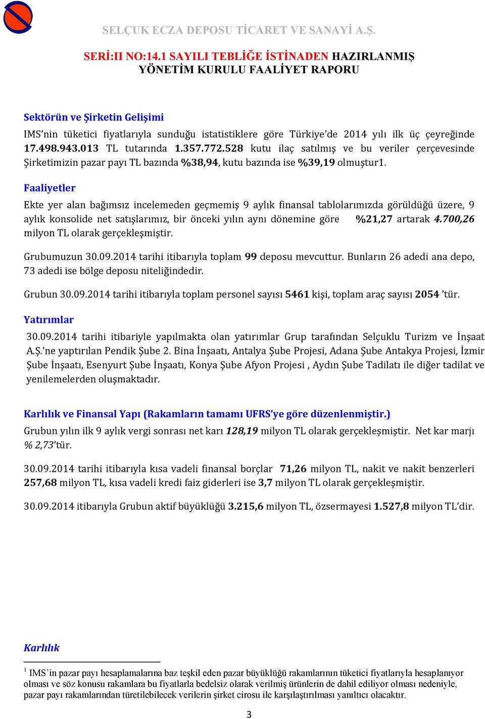 Faaliyetler Ekte yer alan bağımsız incelemeden geçmemiş 9 aylık finansal tablolarımızda görüldüğü üzere, 9 aylık konsolide net satışlarımız, bir önceki yılın aynı dönemine göre %21,27 artarak 4.