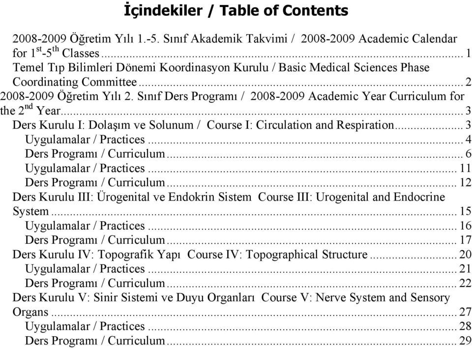 Sınıf Ders Programı / 2008-2009 Academic Year Curriculum for the 2 nd Year... 3 Ders Kurulu I: Dolaşım ve Solunum / Course I: Circulation and Respiration... 3 Uygulamalar / Practices.