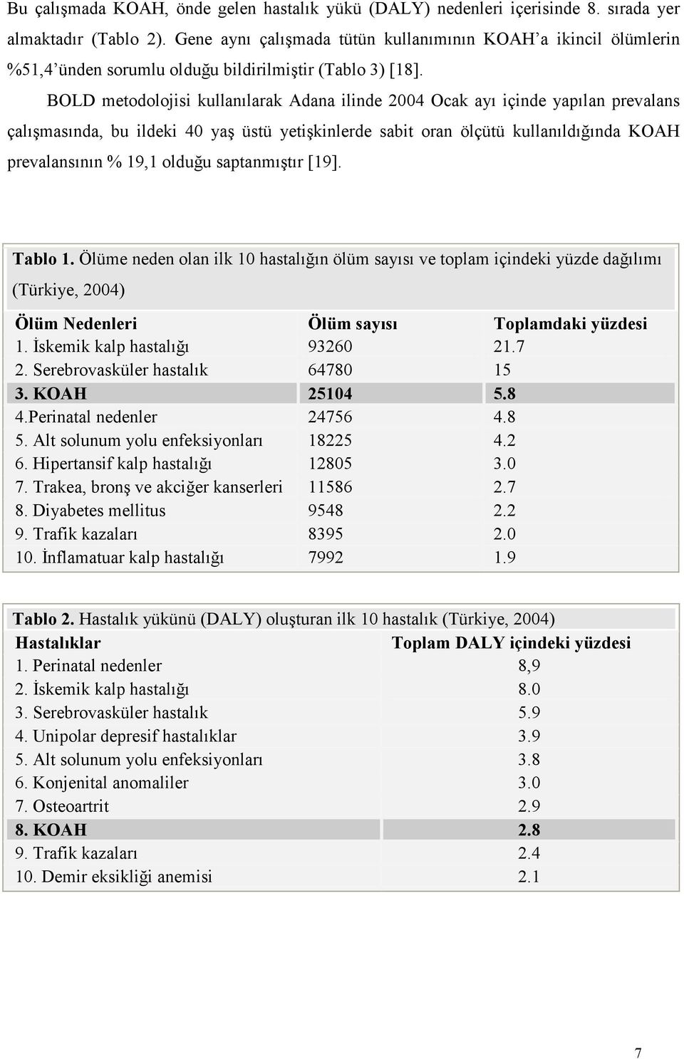 BOLD metodolojisi kullanılarak Adana ilinde 2004 Ocak ayı içinde yapılan prevalans çalışmasında, bu ildeki 40 yaş üstü yetişkinlerde sabit oran ölçütü kullanıldığında KOAH prevalansının % 19,1 olduğu