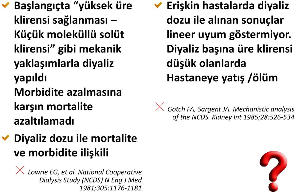 sonuçlar lineer uyum göstermiyor. Diyaliz başına üre klirensi düşük olanlarda Hastaneye yatış /ölüm Gotch FA, Sargent JA.