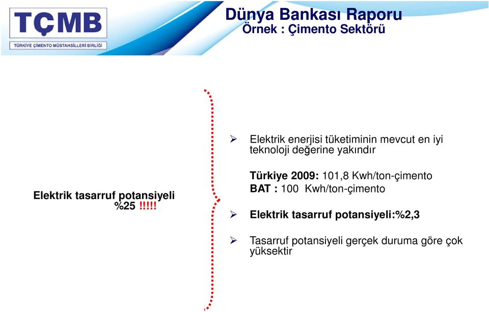 !!!! Türkiye 2009: 101,8 Kwh/ton-çimento BAT : 100 Kwh/ton-çimento Elektrik
