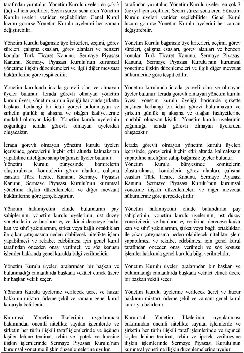 Yönetim Kurulu bağımsız üye kriterleri, seçimi, görev süreleri, çalışma esasları, görev alanları ve benzeri konular Türk Ticaret Kanunu, Sermaye Piyasası Kanunu, Sermaye Piyasası Kurulu nun kurumsal