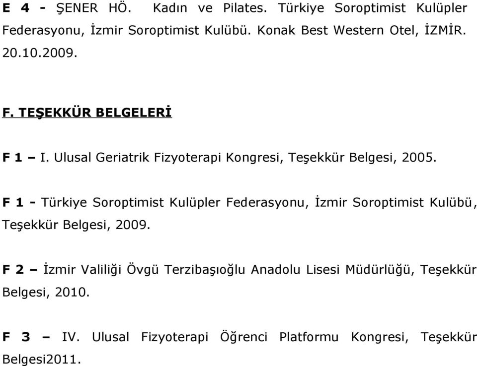 Ulusal Geriatrik Fizyoterapi Kongresi, Teşekkür Belgesi, 2005.