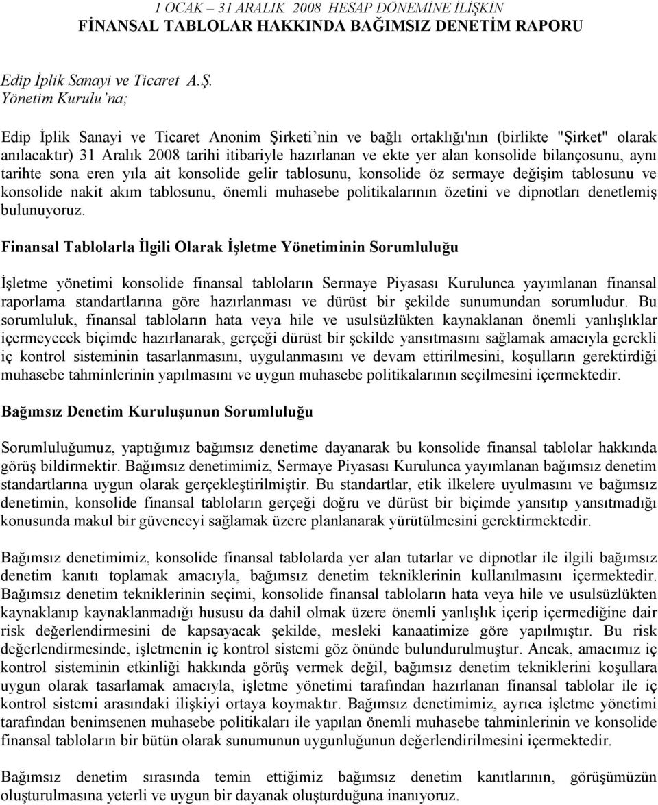 Yönetim Kurulu na; Edip Đplik Sanayi ve Ticaret Anonim Şirketi nin ve bağlı ortaklığı'nın (birlikte "Şirket" olarak anılacaktır) 31 Aralık 2008 tarihi itibariyle hazırlanan ve ekte yer alan konsolide