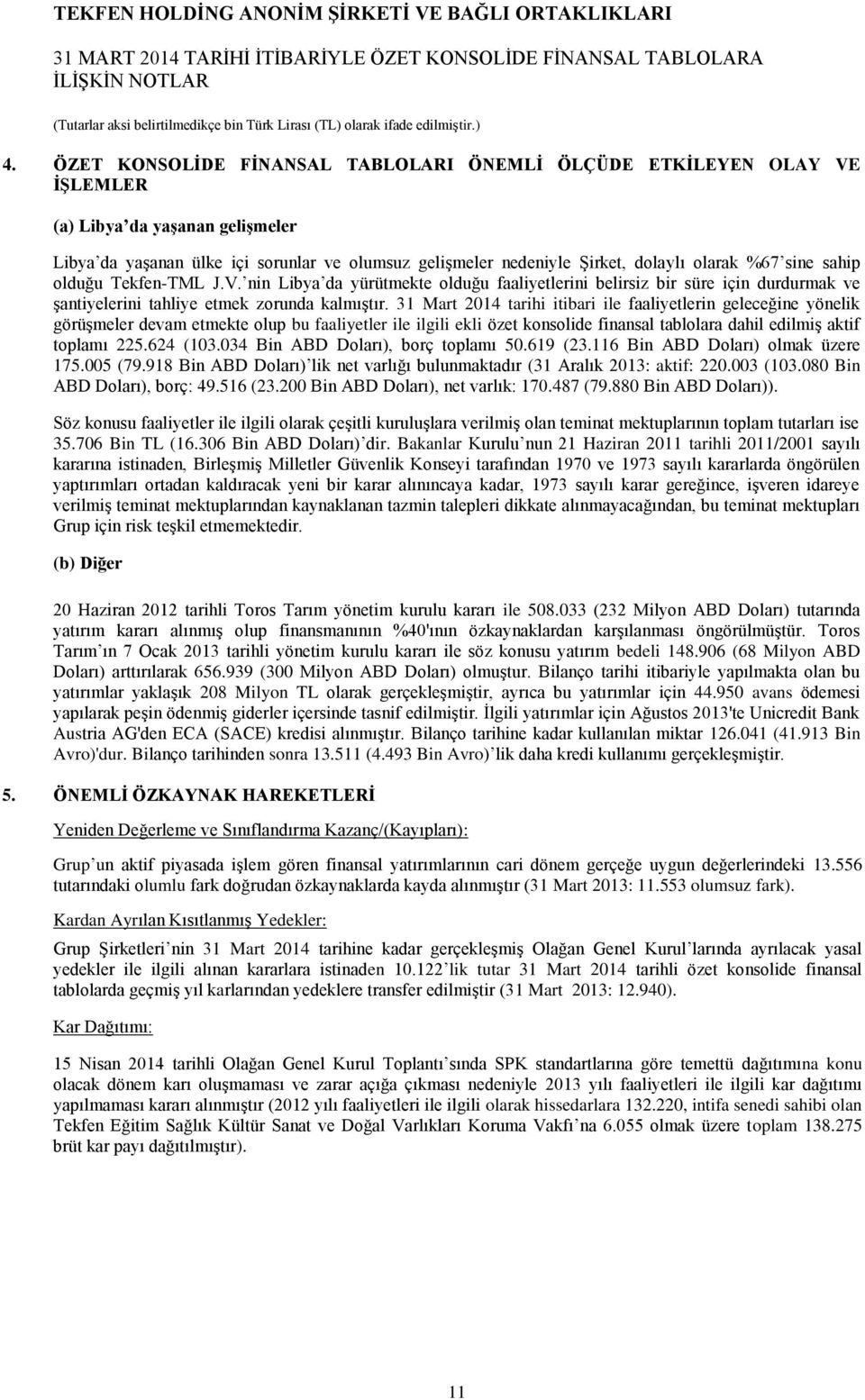 %67 sine sahip olduğu Tekfen-TML J.V. nin Libya da yürütmekte olduğu faaliyetlerini belirsiz bir süre için durdurmak ve şantiyelerini tahliye etmek zorunda kalmıştır.