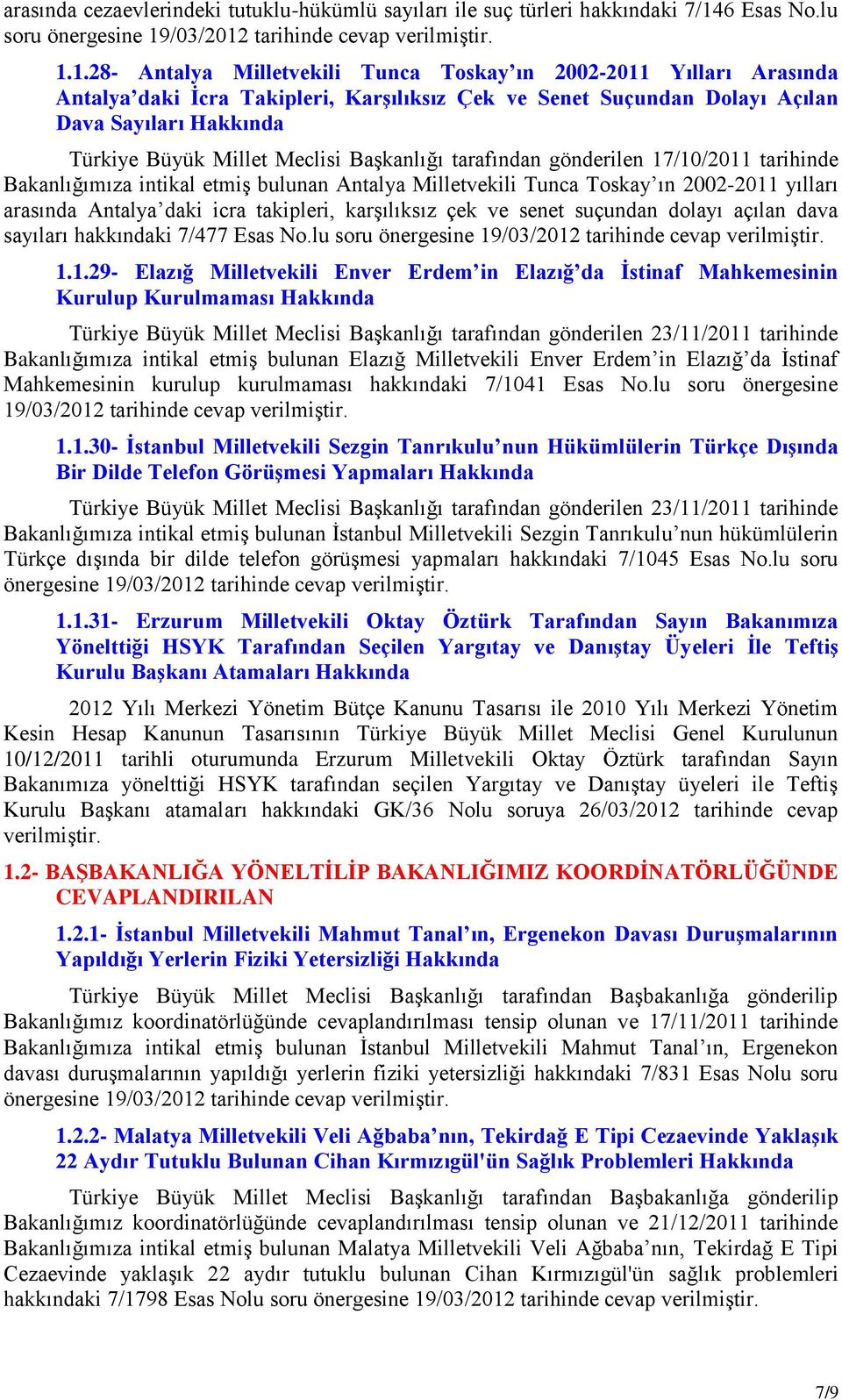 1.28- Antalya Milletvekili Tunca Toskay ın 2002-2011 Yılları Arasında Antalya daki Ġcra Takipleri, KarĢılıksız Çek ve Senet Suçundan Dolayı Açılan Dava Sayıları Hakkında Türkiye Büyük Millet Meclisi