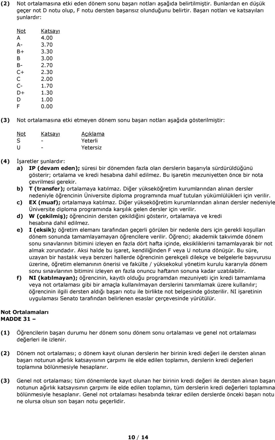 00 (3) Not ortalamasına etki etmeyen dönem sonu başarı notları aşağıda gösterilmiştir: Not Katsayı Açıklama S - Yeterli U - Yetersiz (4) İşaretler şunlardır: a) IP (devam eden); süresi bir dönemden