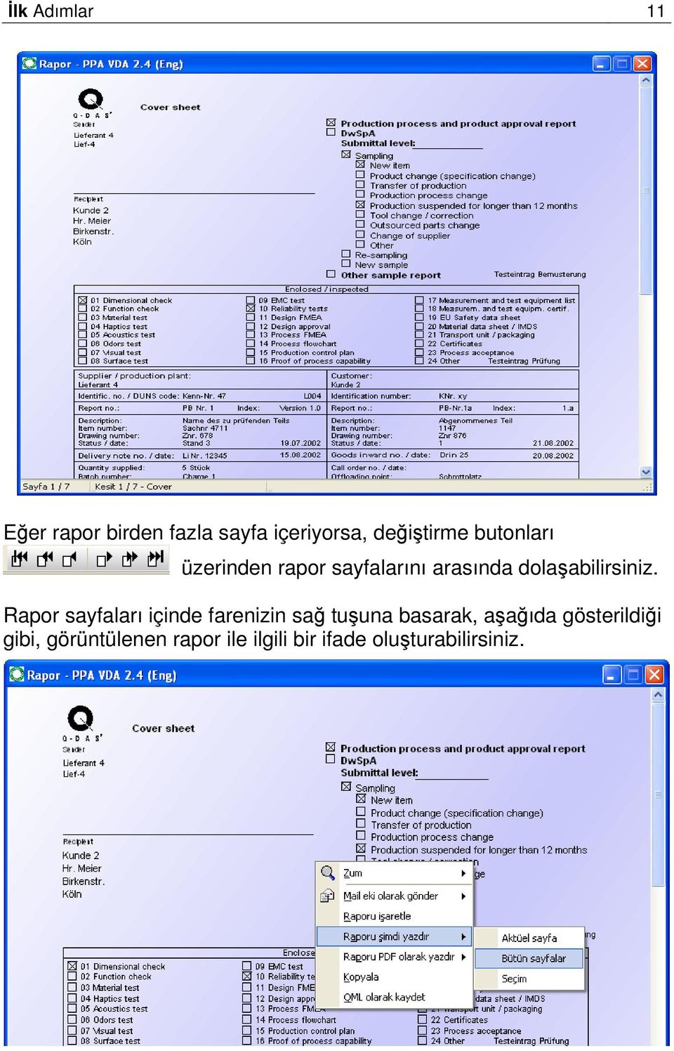 Rapor sayfaları içinde farenizin sağ tuşuna basarak, aşağıda