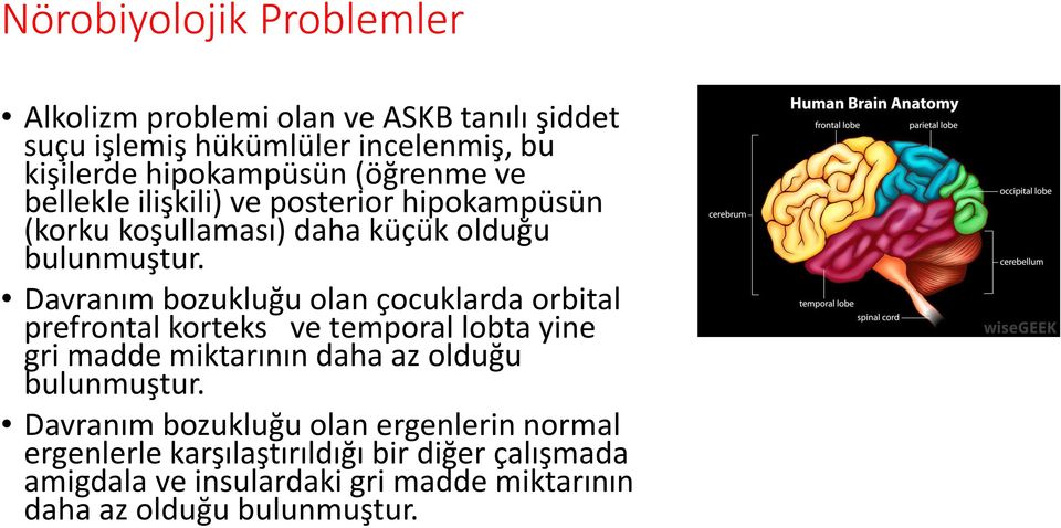 Davranım bozukluğu olan çocuklarda orbital prefrontal korteks ve temporal lobta yine gri madde miktarının daha az olduğu bulunmuştur.