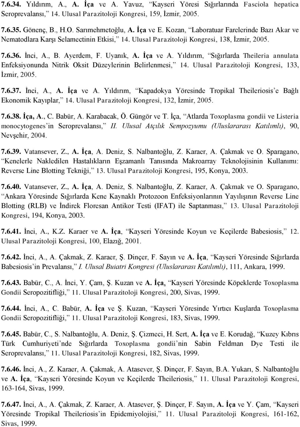 Yıldırım, Sığırlarda Theileria annulata Enfeksiyonunda Nitrik Oksit Düzeylerinin Belirlenmesi, 14. Ulusal Parazitoloji Kongresi, 133, İzmir, 2005. 7.6.37. İnci, A., A. İça ve A.