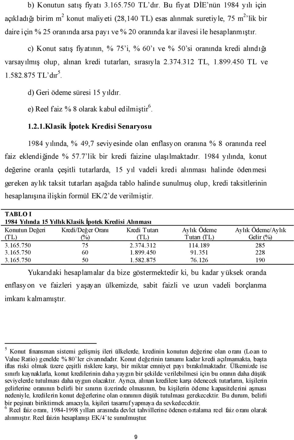 hesaplanmıştır. c) Konut satış fiyatının, % 75 i, % 60 ı ve % 50 si oranında kredi alındığı varsayılmış olup, alınan kredi tutarları, sırasıyla 2.374.312 TL, 1.899.450 TL ve 1.582.875 TL dır 5.