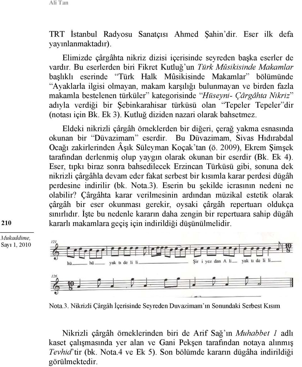bestelenen türküler kategorisinde Hüseyni- Çârgâhta Nikriz adıyla verdiği bir Şebinkarahisar türküsü olan Tepeler Tepeler dir (notası için Bk. Ek 3). Kutluğ diziden nazari olarak bahsetmez.
