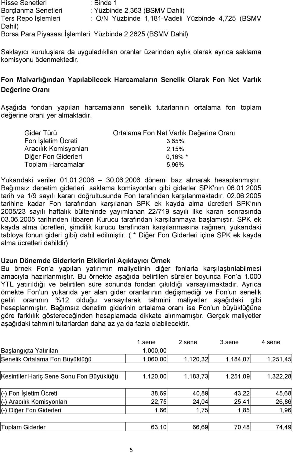 Fon Malvarlığından Yapılabilecek Harcamaların Senelik Olarak Fon Net Varlık Değerine Oranı Aşağıda fondan yapılan harcamaların senelik tutarlarının ortalama fon toplam değerine oranı yer almaktadır.