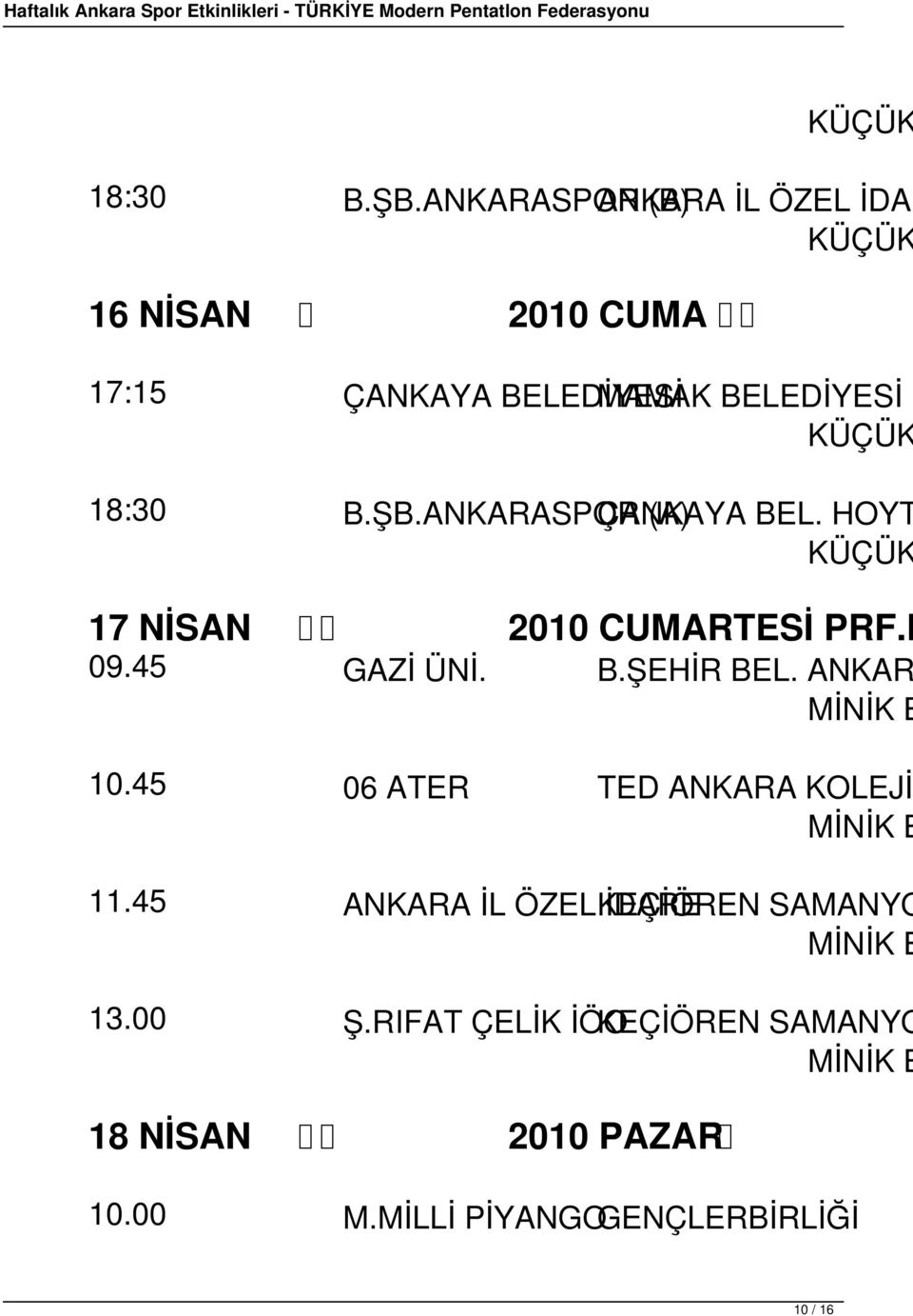 ÇANKAYA (A) BEL. HOYT 17 NİSAN 2010 CUMARTESİ PRF.D 09.45 GAZİ ÜNİ. B.ŞEHİR BEL. ANKAR MİNİK E 10.