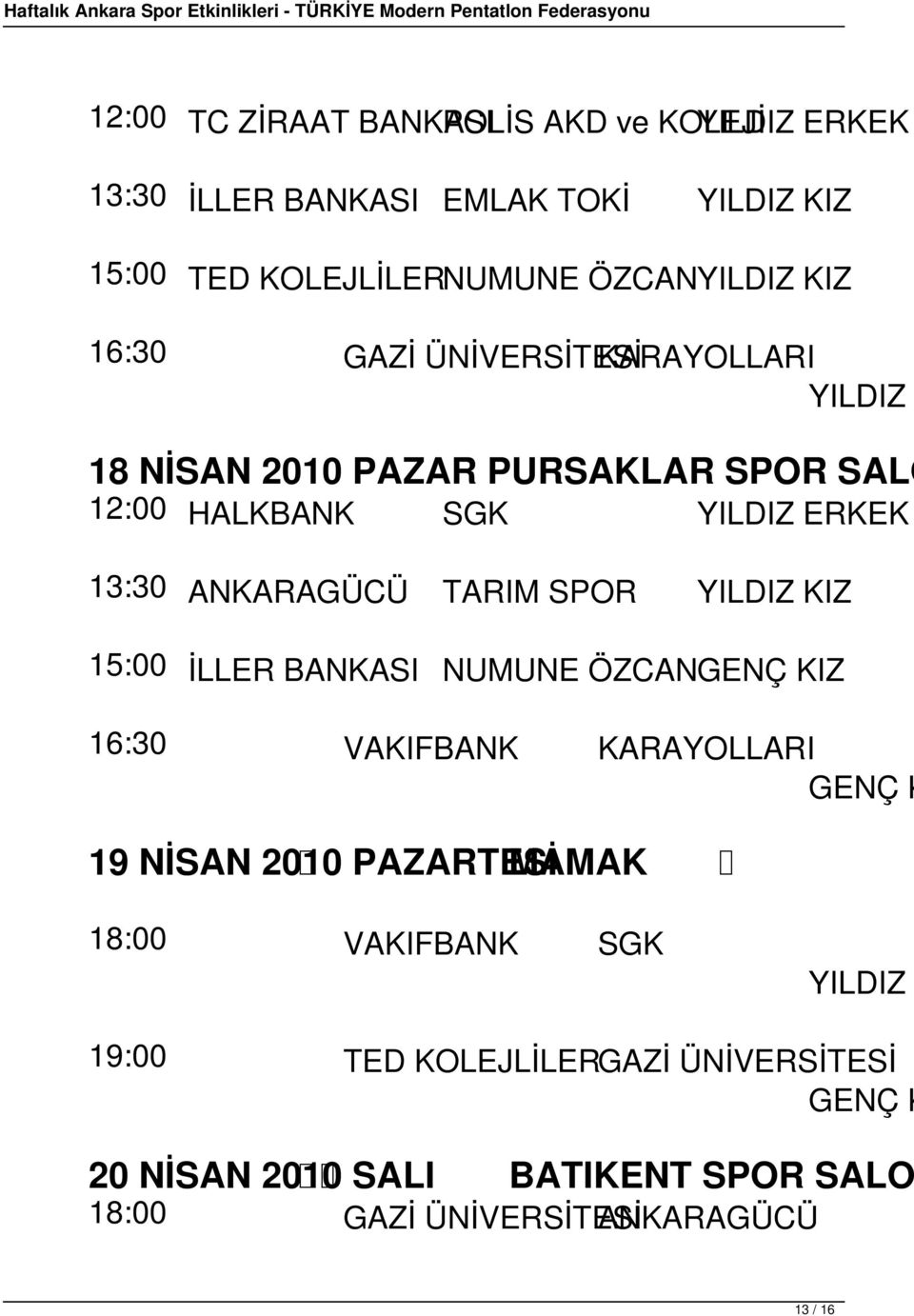 TARIM SPOR YILDIZ KIZ 15:00 İLLER BANKASI NUMUNE ÖZCANGENÇ KIZ 16:30 VAKIFBANK KARAYOLLARI GENÇ K 19 NİSAN 2010 PAZARTESİ MAMAK 18:00