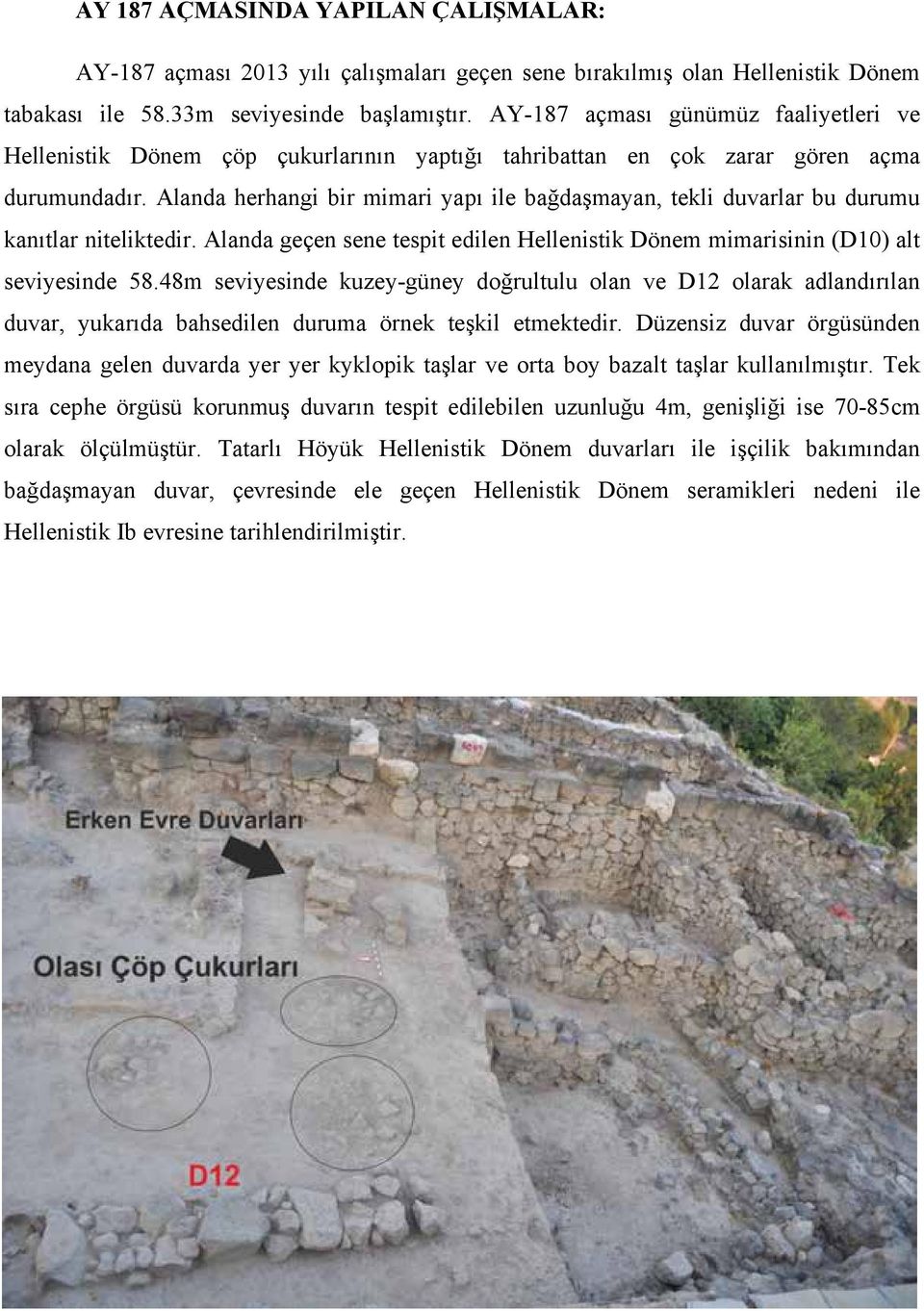 Alanda herhangi bir mimari yapı ile bağdaşmayan, tekli duvarlar bu durumu kanıtlar niteliktedir. Alanda geçen sene tespit edilen Hellenistik Dönem mimarisinin (D10) alt seviyesinde 58.