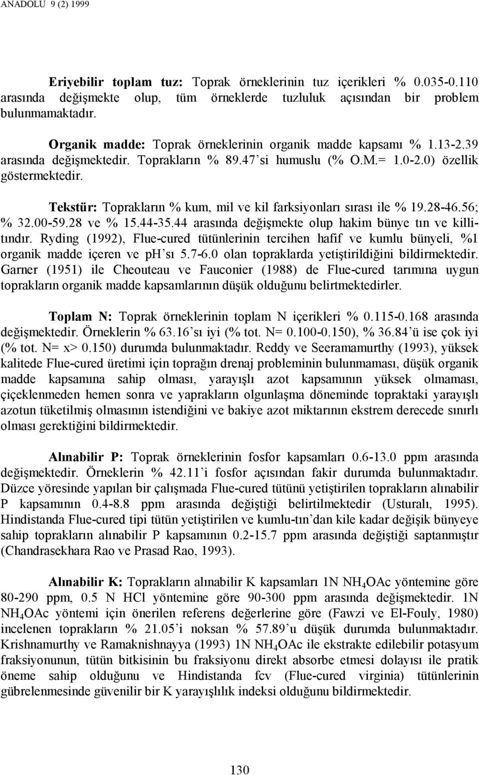 Tekstür: Toprakların % kum, mil ve kil farksiyonları sırası ile % 19.28-46.56; % 32.00-59.28 ve % 15.44-35.44 arasında değişmekte olup hakim bünye tın ve killitındır.