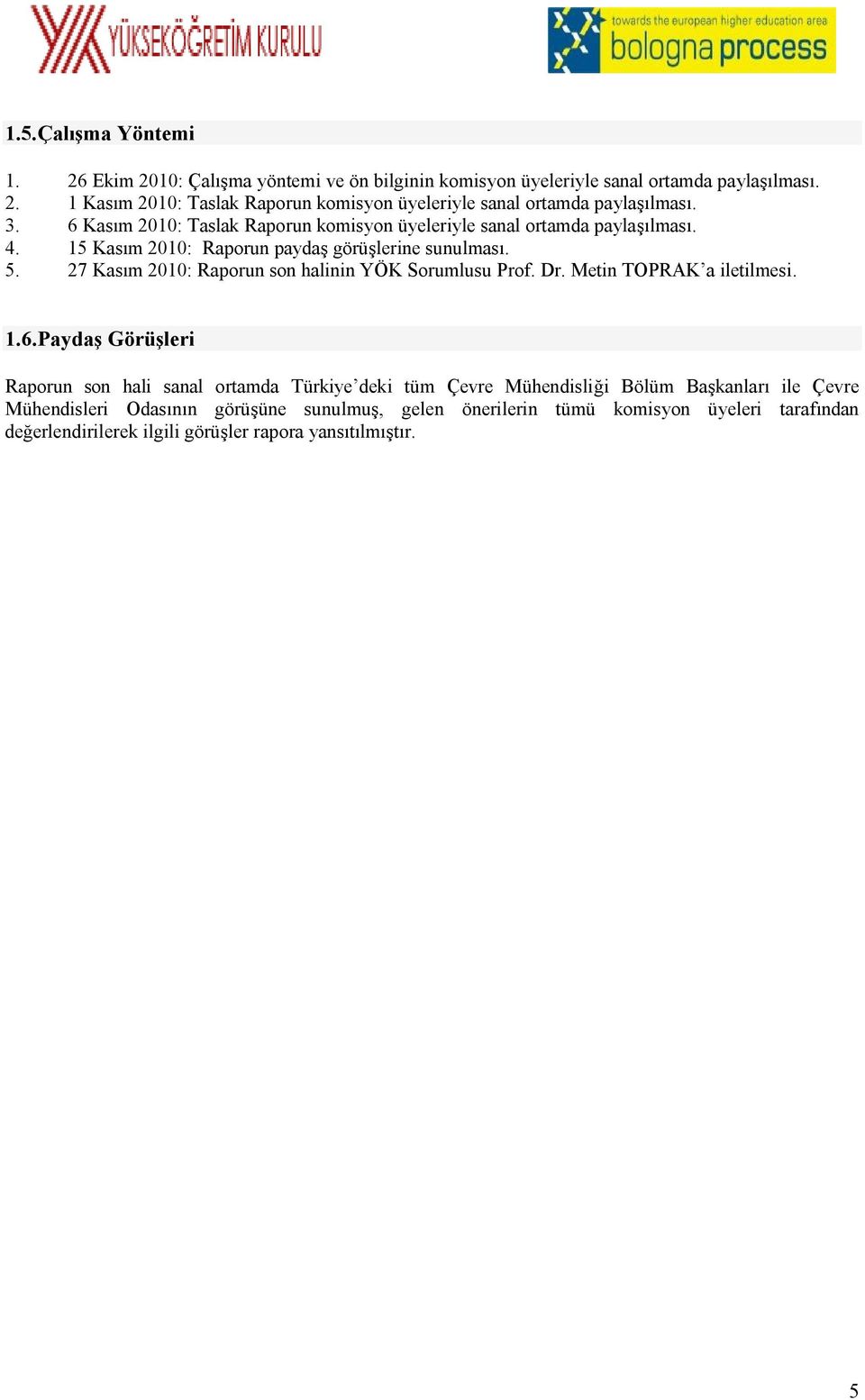 27 Kasım 2010: Raporun son halinin YÖK Sorumlusu Prof. Dr. Metin TOPRAK a iletilmesi. 1.6.