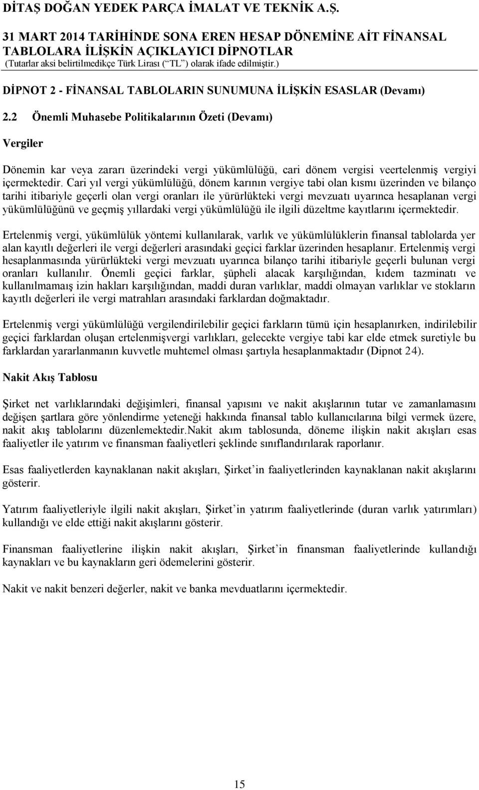 Cari yıl vergi yükümlülüğü, dönem karının vergiye tabi olan kısmı üzerinden ve bilanço tarihi itibariyle geçerli olan vergi oranları ile yürürlükteki vergi mevzuatı uyarınca hesaplanan vergi