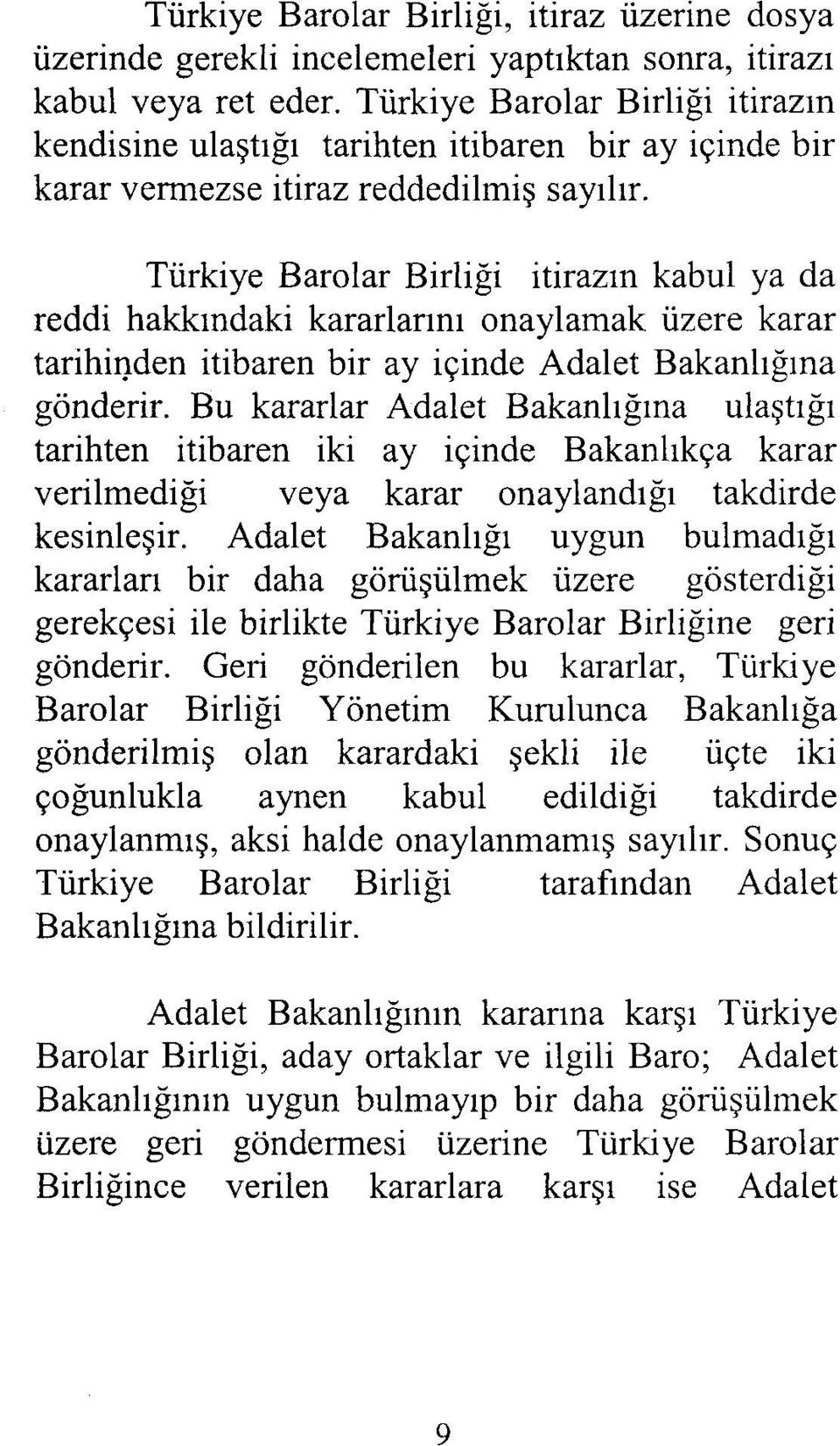 Türkiye Barolar Birliği İtirazın kabul ya da red di hakkındaki kararlarını ona ylamak üzere karar tarihicyden itibaren bir ay içinde Adalet Bakanlığına gönderir.